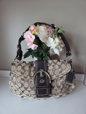 Vintage Coach Beige and Brown Signature Shoulder Bag